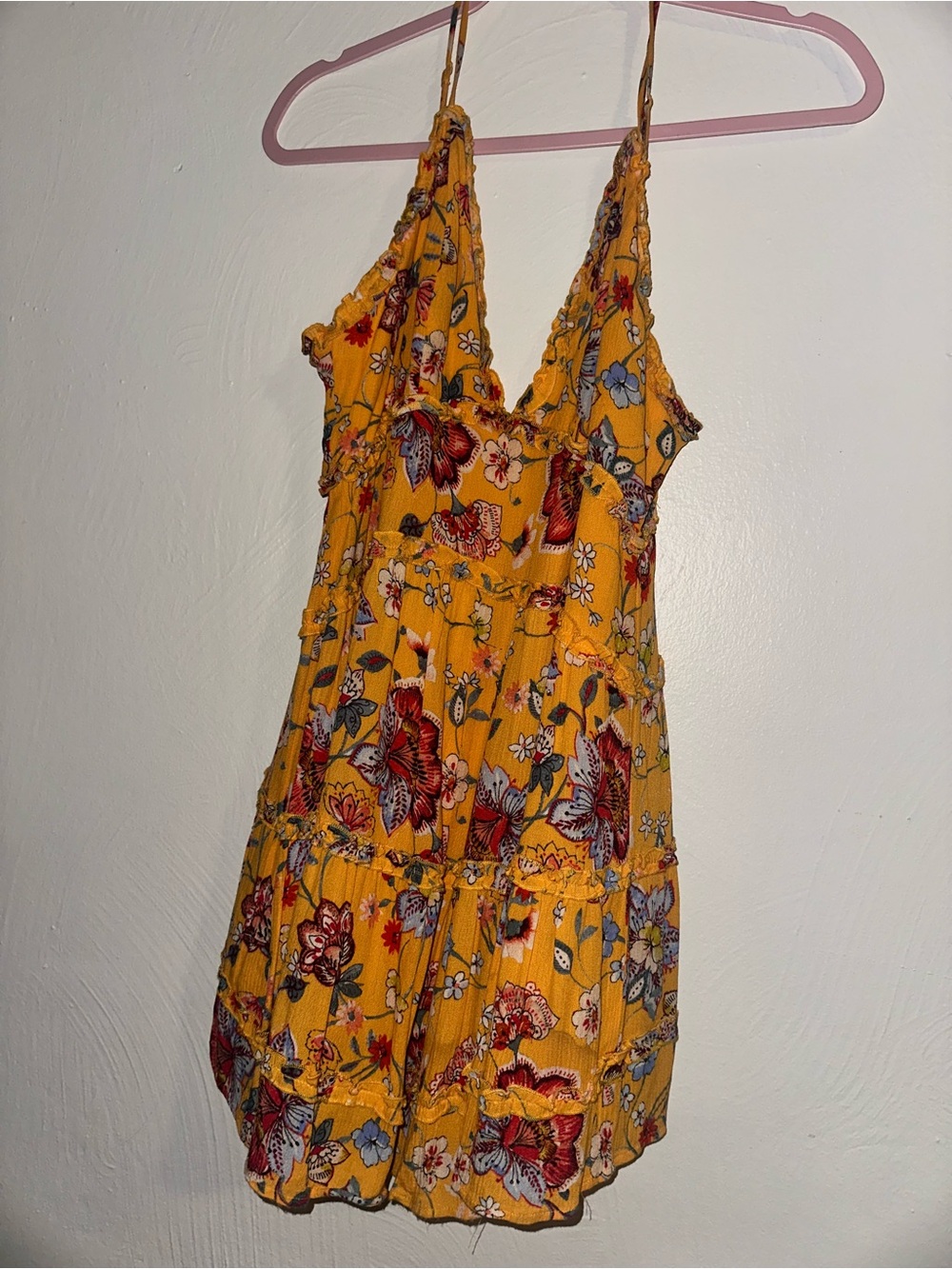 Juliana’s Boutique Yellow Floral Tiered Halter Mini Dress